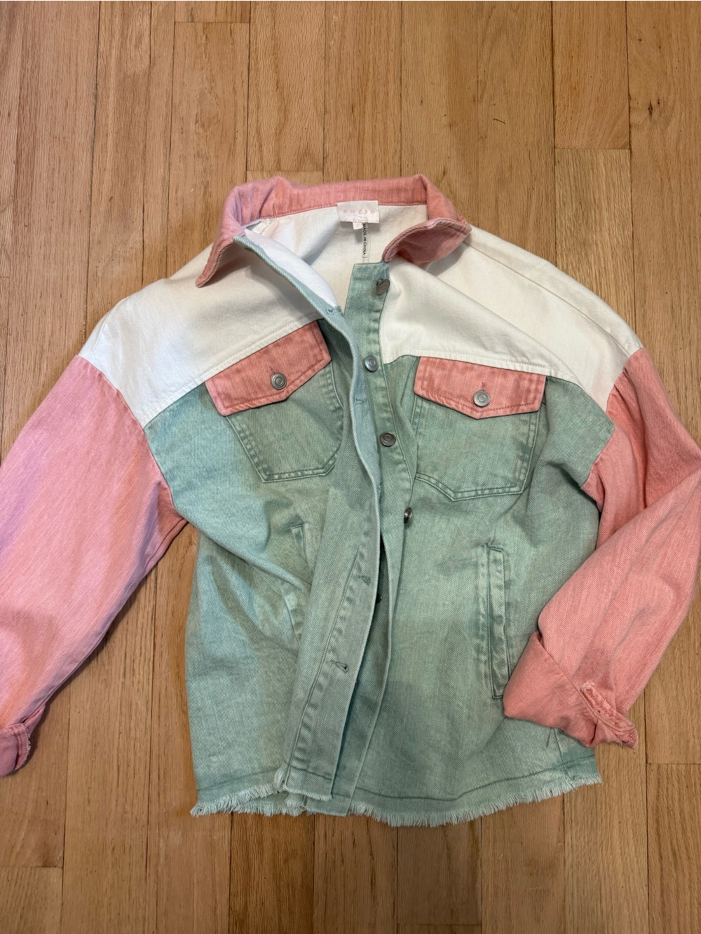 Colorblock Pastel Denim Jacket - green, Coral & White